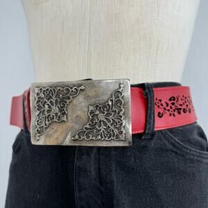 Guido Angeloni Red Leather Belt Statement Buckle Made in Italy Medium